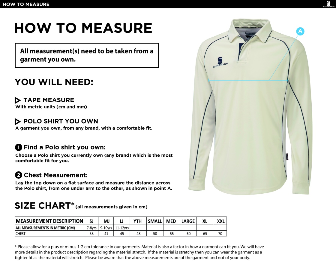 Catford & Cyphers CC - Premier Long Sleeve Shirt - Size Guide