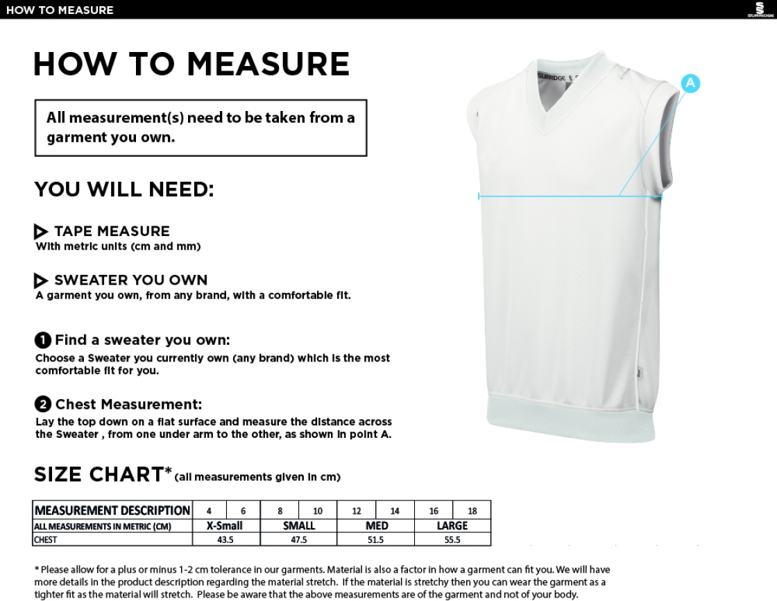 Catford & Cyphers CC - Blast Sleeveless Women's Cricket Sweater - Size Guide