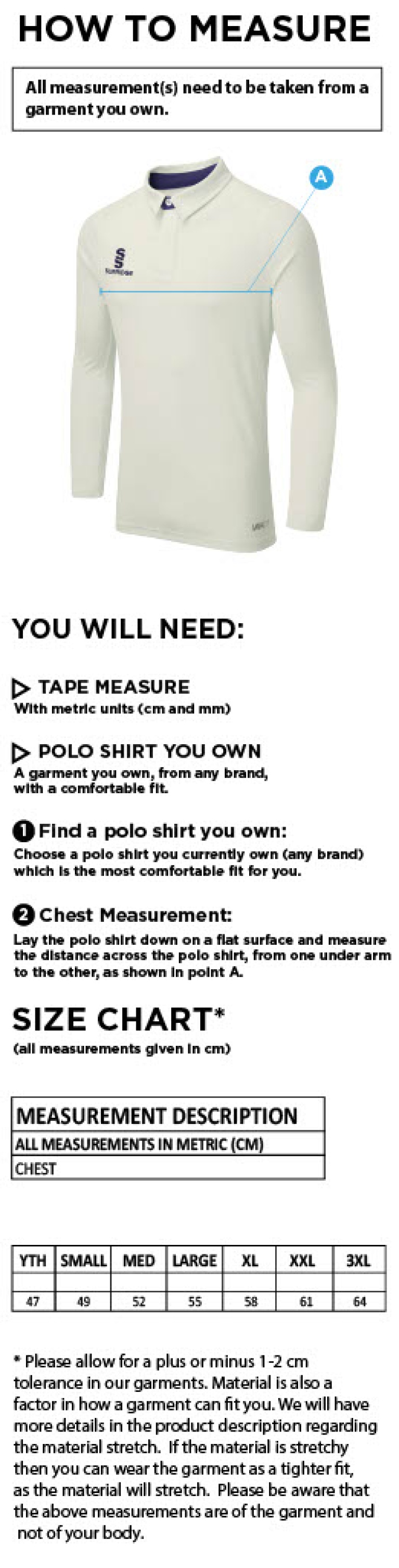 Catford & Cyphers CC - Tek Long Sleeve Playing Shirt - Size Guide
