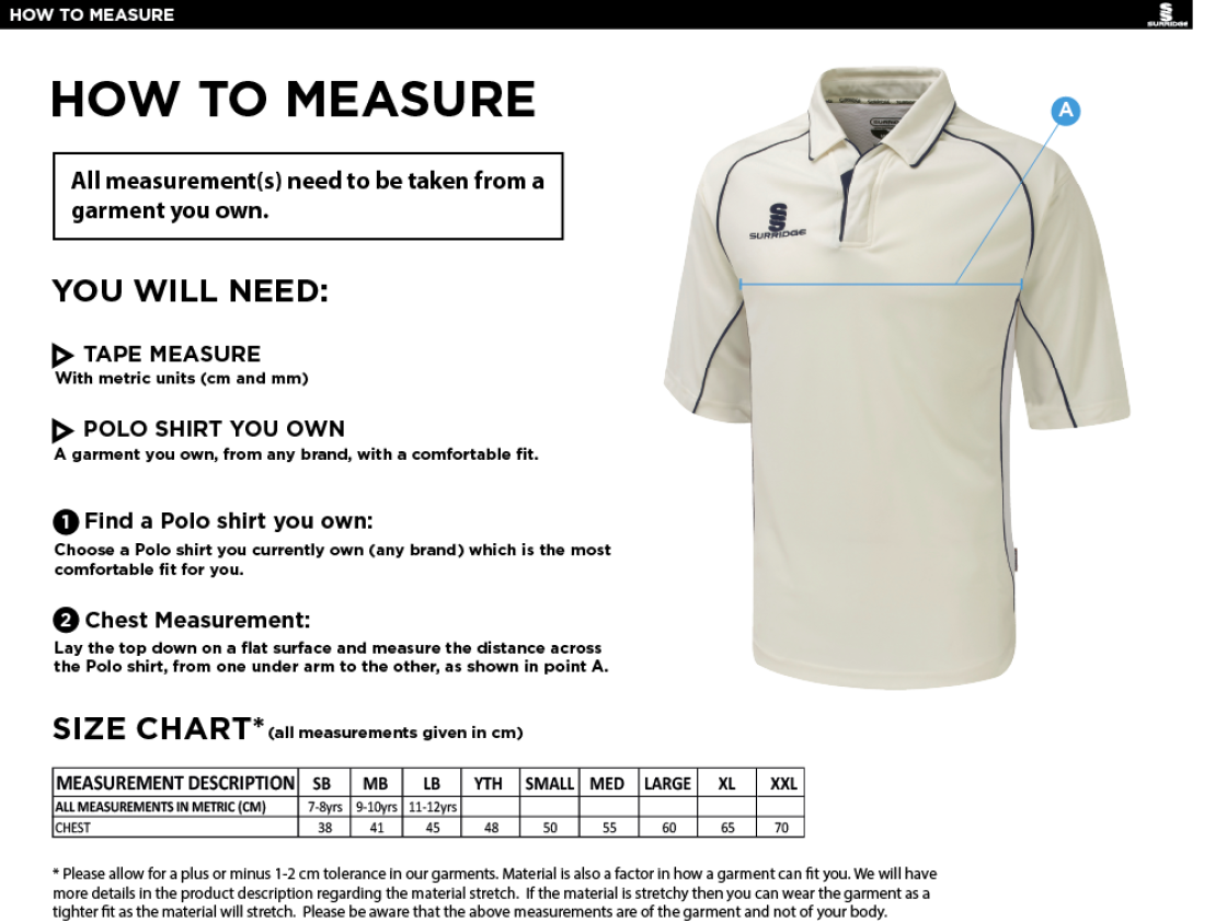 Catford & Cyphers CC - 3/4 Premier Shirt - Size Guide