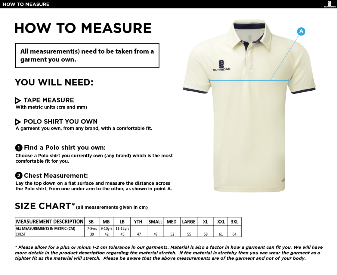 Catford & Cyphers CC - Tek Short Sleeve Playing Shirt - Size Guide