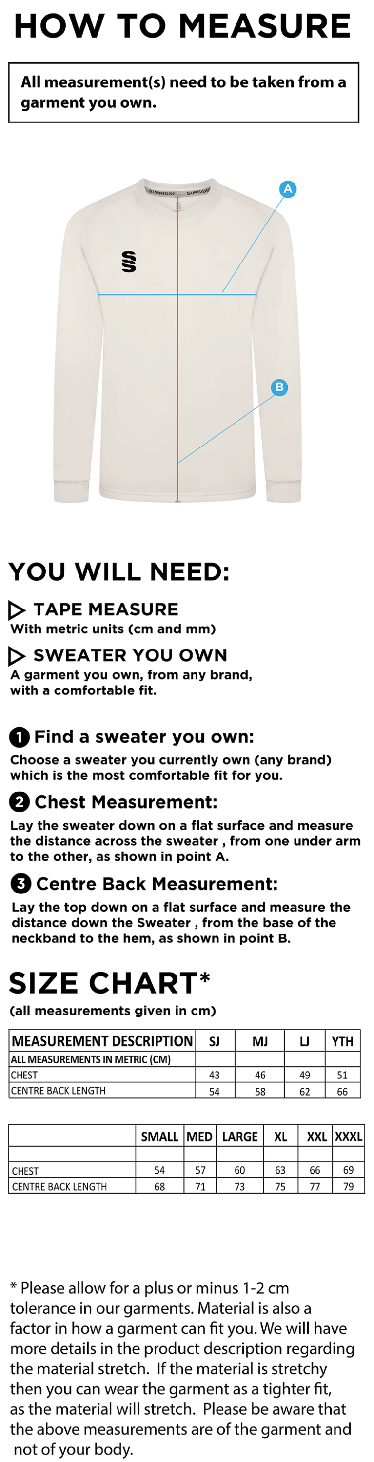 Catford & Cyphers CC - Blast Long Sleeve Cricket Sweater - Size Guide