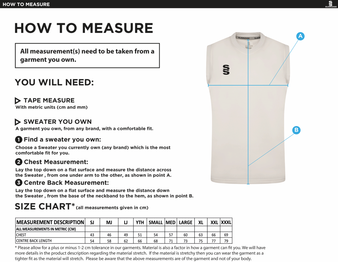 Catford & Cyphers CC - Blast Sleeveless Cricket Sweater - Size Guide