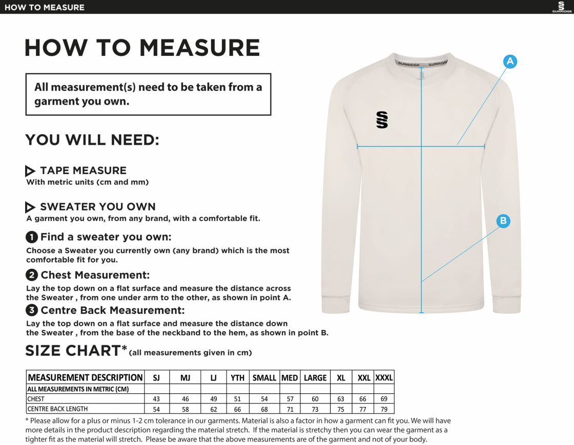Catford & Cyphers CC - Blast Long Sleeve Cricket Sweater - Size Guide