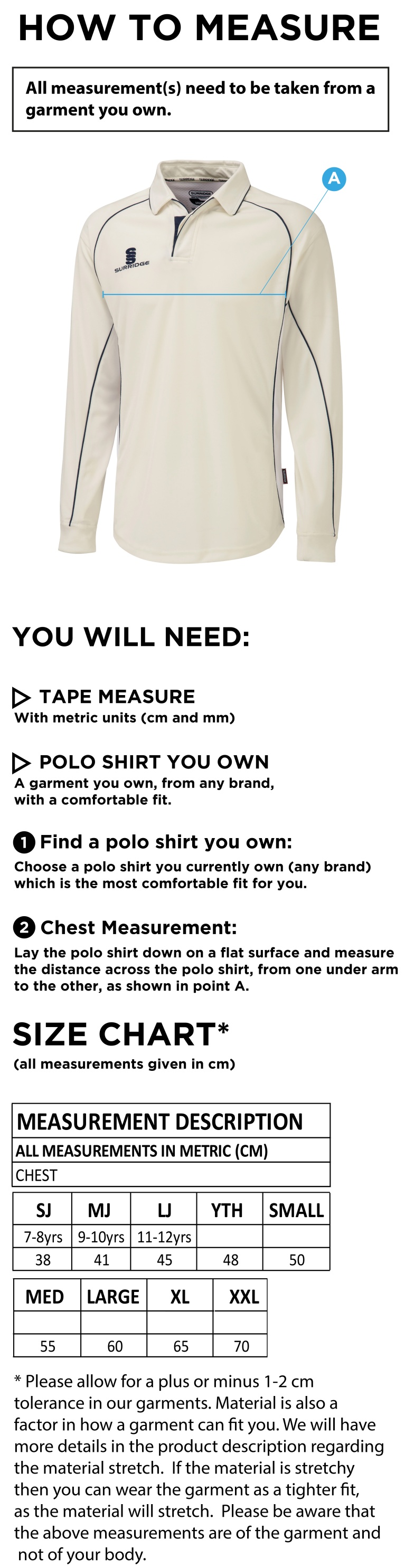 Catford & Cyphers CC - Premier Long Sleeve Shirt - Size Guide