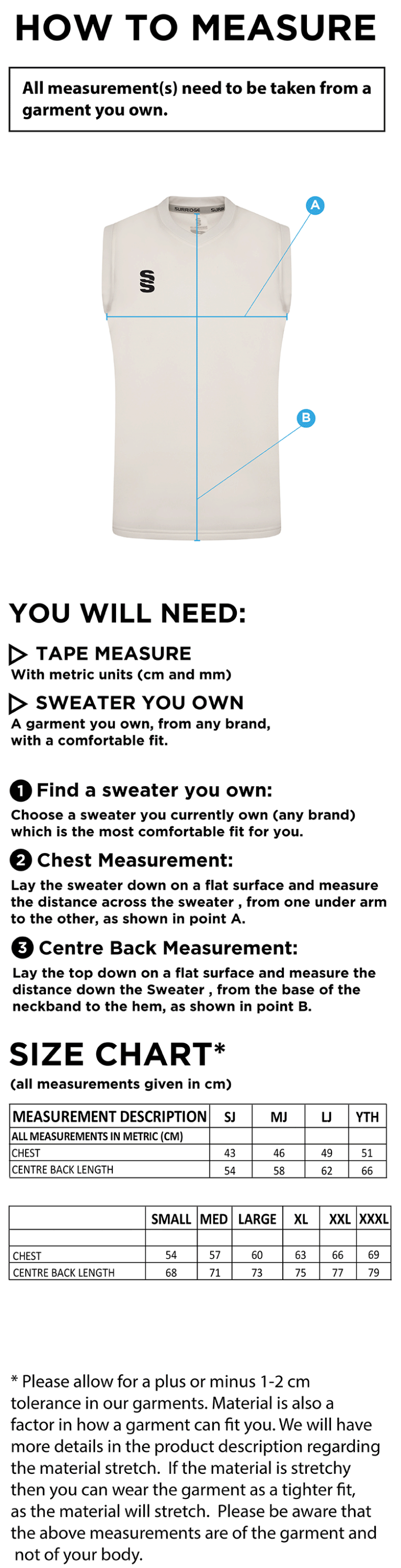 Catford & Cyphers CC - Blast Sleeveless Cricket Sweater - Size Guide