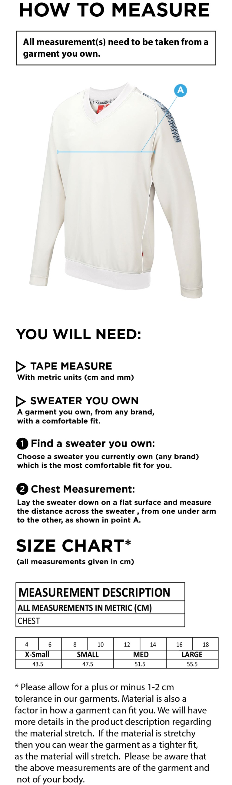 Catford & Cyphers CC - Blast Long Sleeve Women's Cricket Sweater - Size Guide