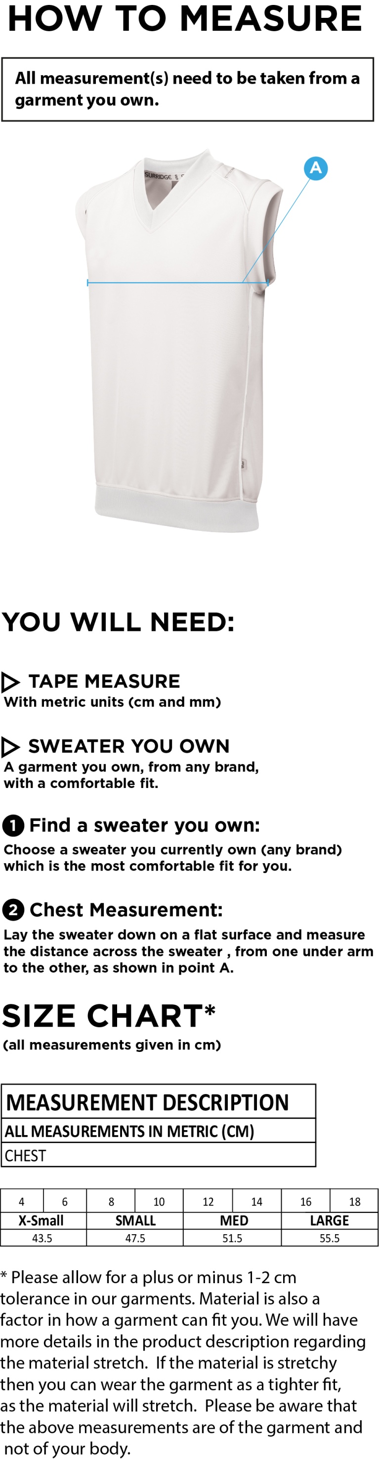 Catford & Cyphers CC - Blast Sleeveless Women's Cricket Sweater - Size Guide