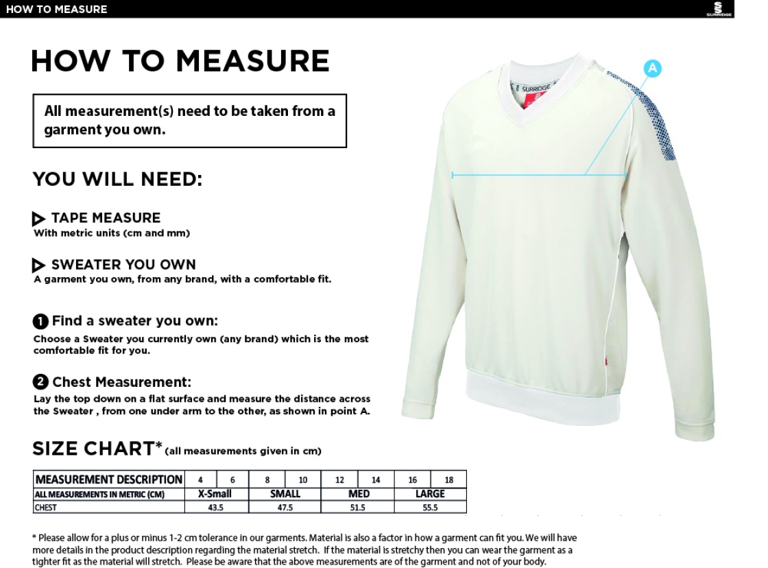 Catford & Cyphers CC - Blast Long Sleeve Women's Cricket Sweater - Size Guide