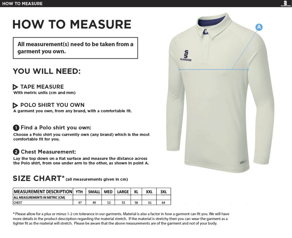 Catford & Cyphers CC - Tek Long Sleeve Playing Shirt - Size Guide